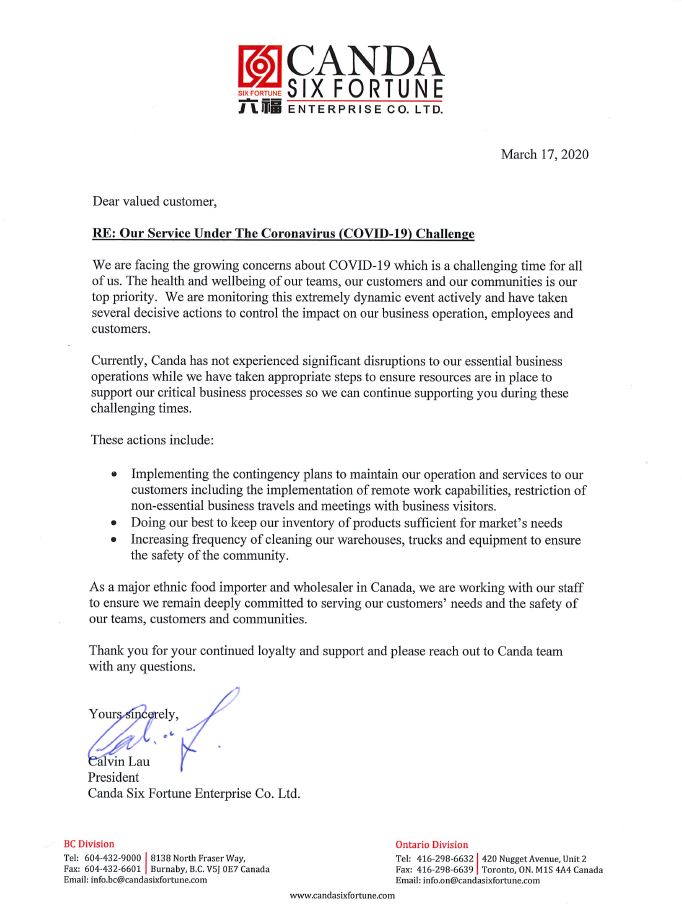 Letter to customers re Canda service under the coronavirus (COVID 19) challenge